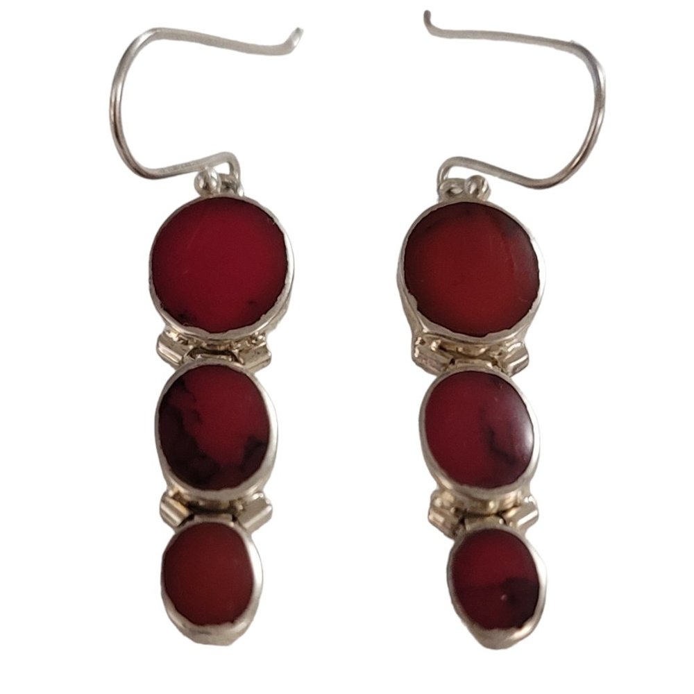 Sterling Silver Inlay Hinged Marbled Red Graduated Oval Dangle Earrings K964